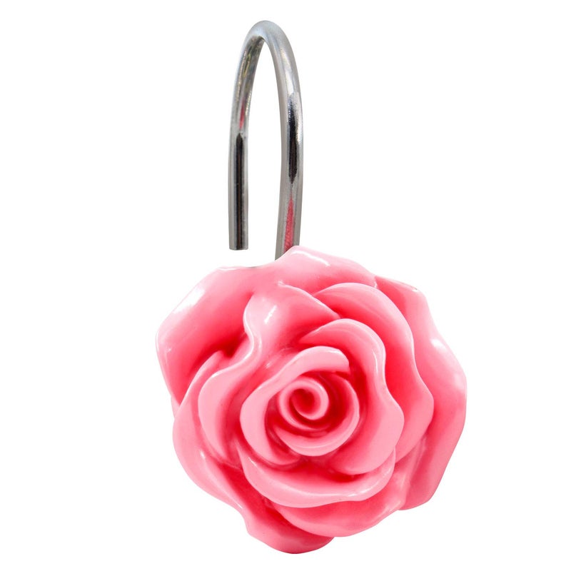 BEAVO Shower Curtain Hooks, Home Decorative Rustproof Shower Curtain Hooks Resin Rose Flower Shower Hooks Rings for Bathroom Shower Rods Curtains,Set of 12 Hooks (Pink) - Image 2